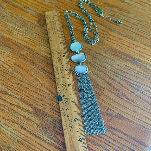Nice Long Silver Tone Necklace Frosted Stones - Picture 9 of 10
